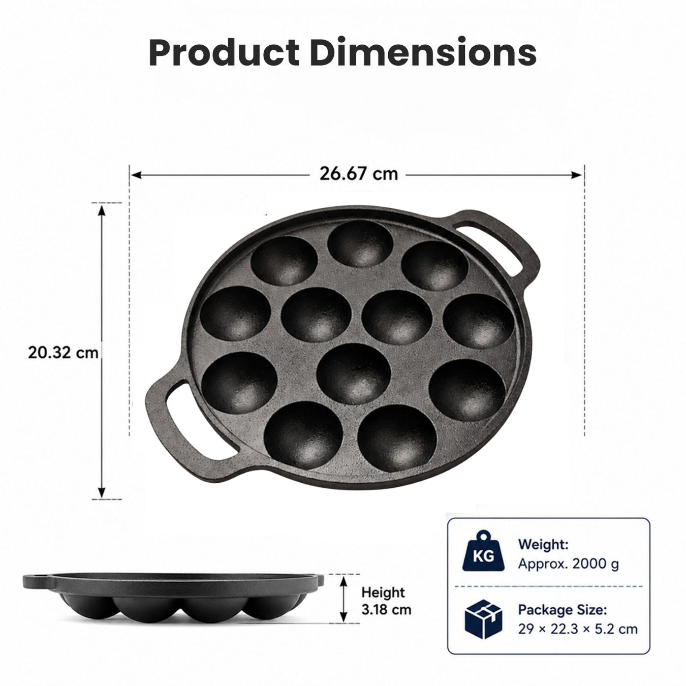 Cast Iron 12 Pit Appam Pan with Silicone Grip