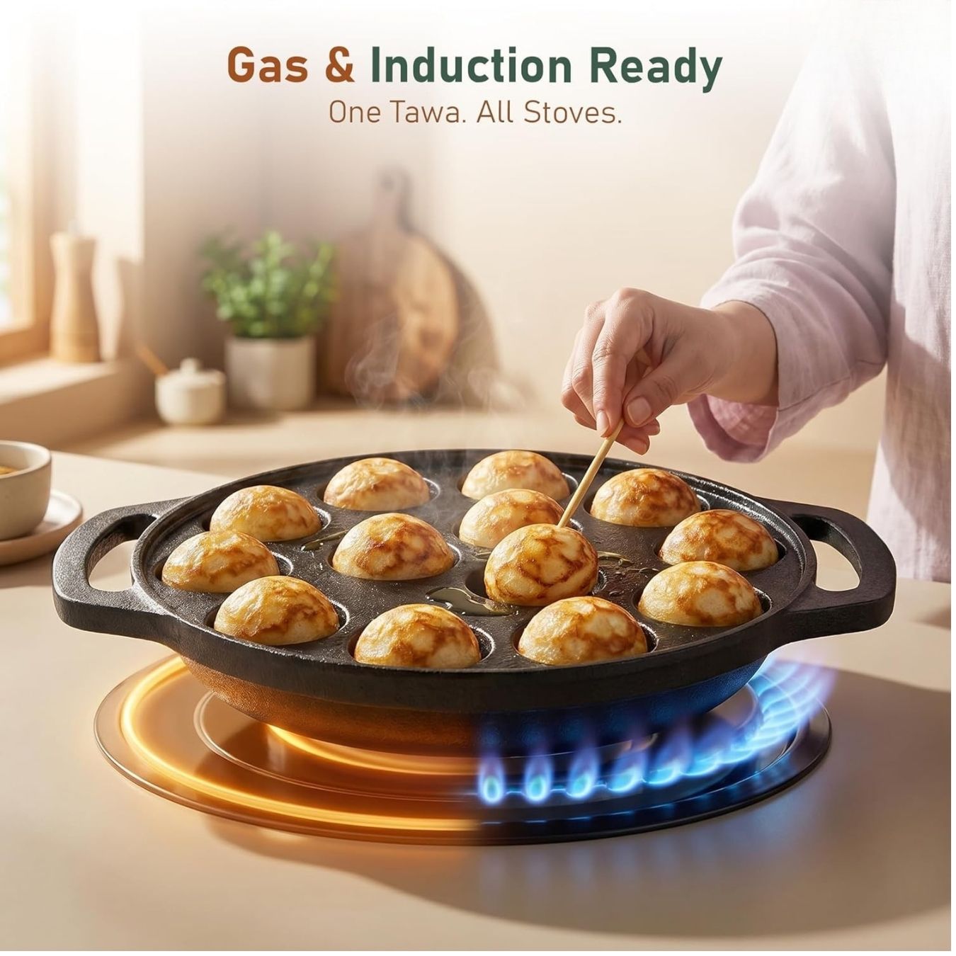 Cast Iron 12 Pit Appam Pan with Silicone Grip