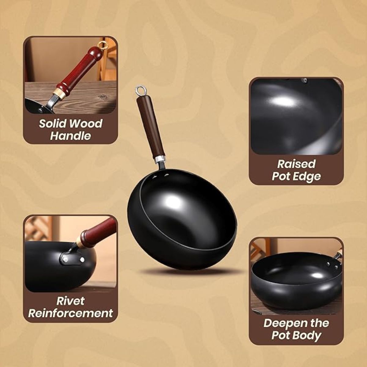 Deep Round Uncoated Iron Wok with Wooden Handle(28cm)