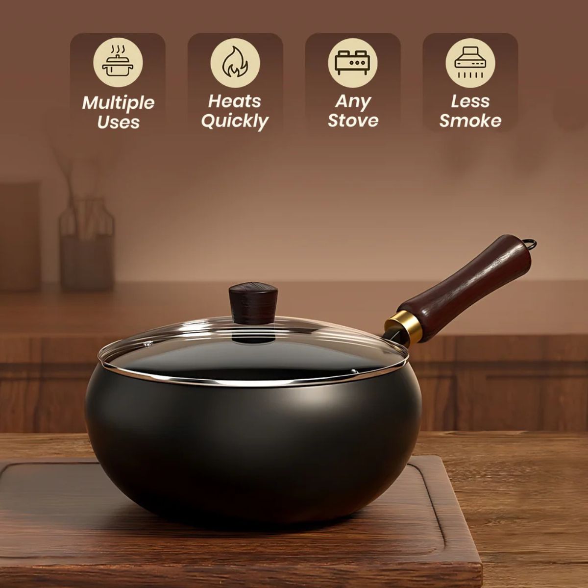 Deep Round Uncoated Iron Wok with Wooden Handle(28cm)