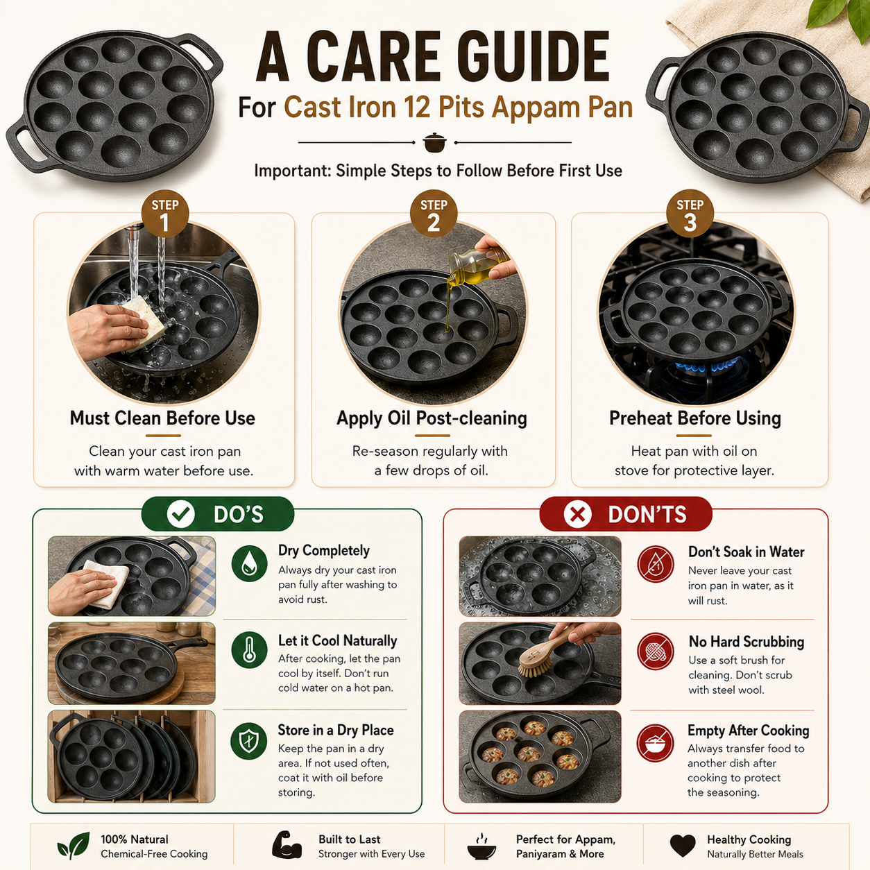 Cast Iron 12 Pit Appam Pan with Silicone Grip