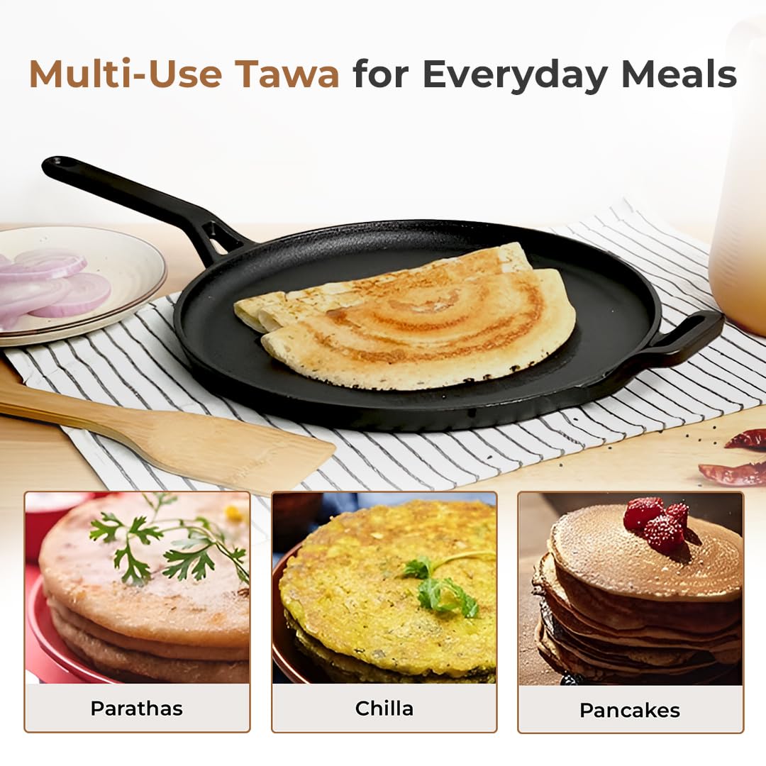 Cast Iron Flat Tawa for Dosa & Roti with Handle Cover (28cm)