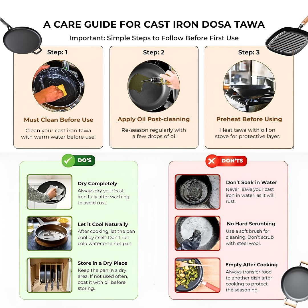 Cast Iron Flat Tawa for Dosa & Roti with Handle Cover (28cm)