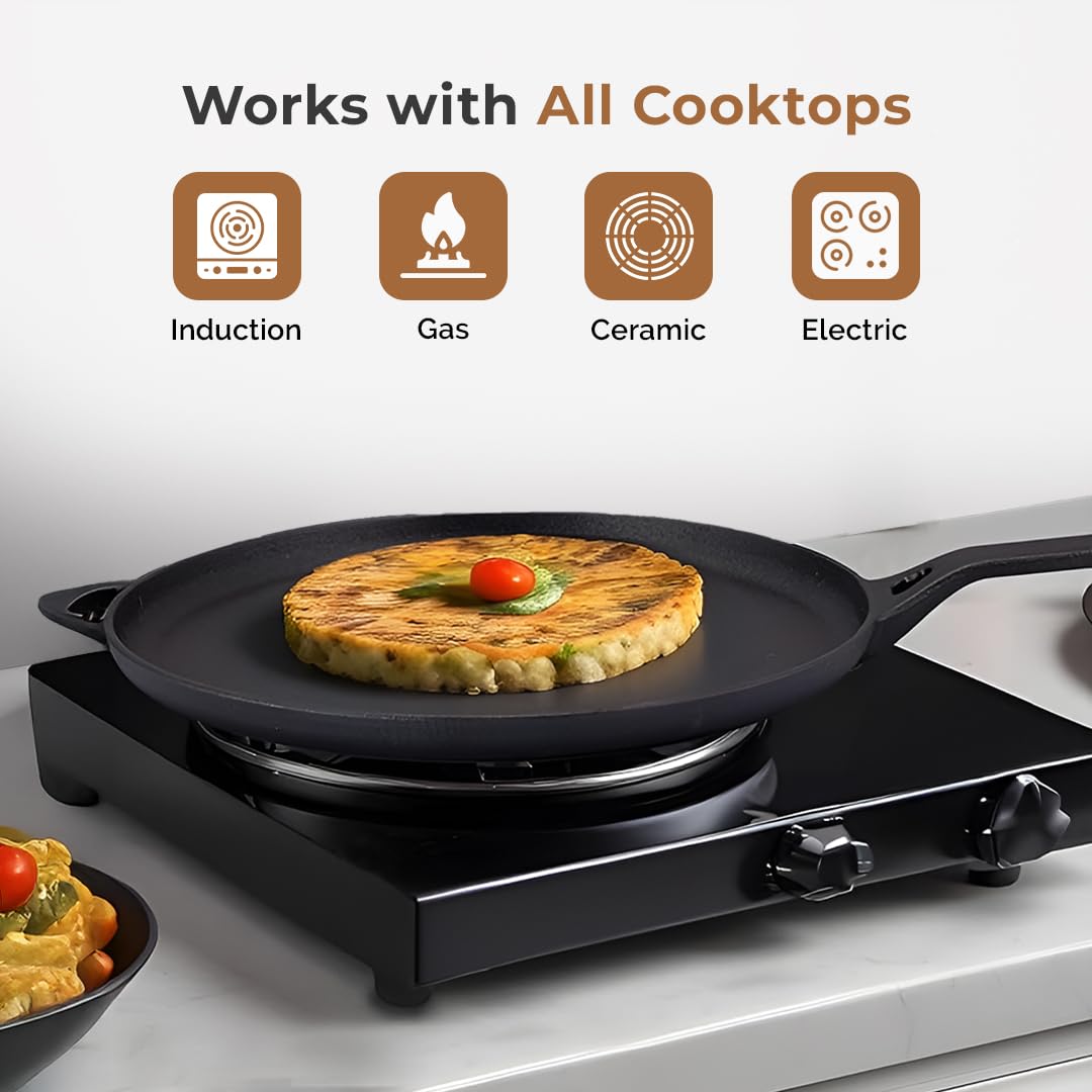 Cast Iron Flat Tawa for Dosa & Roti with Handle Cover (28cm)