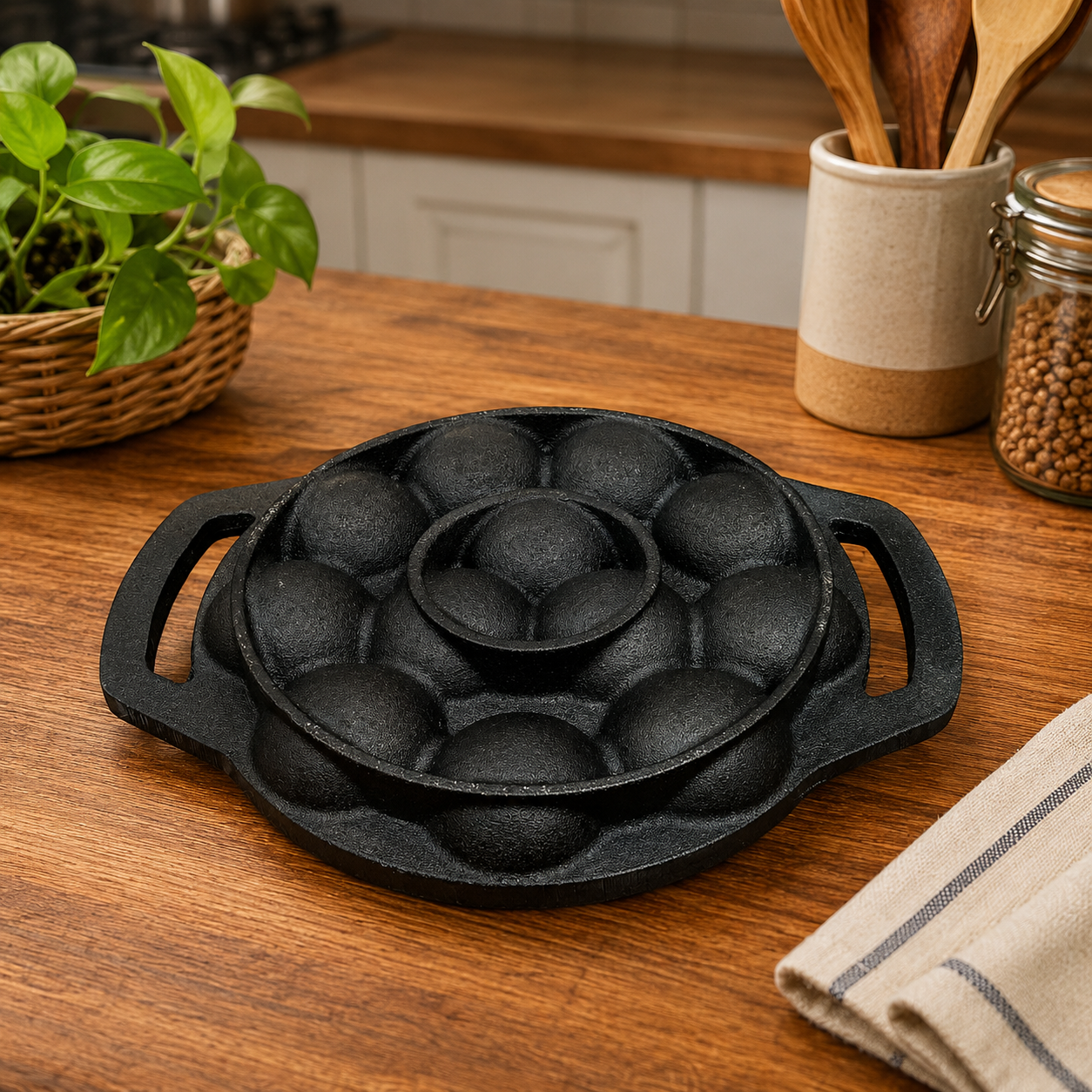 Cast Iron 12 Pit Appam Pan with Silicone Grip