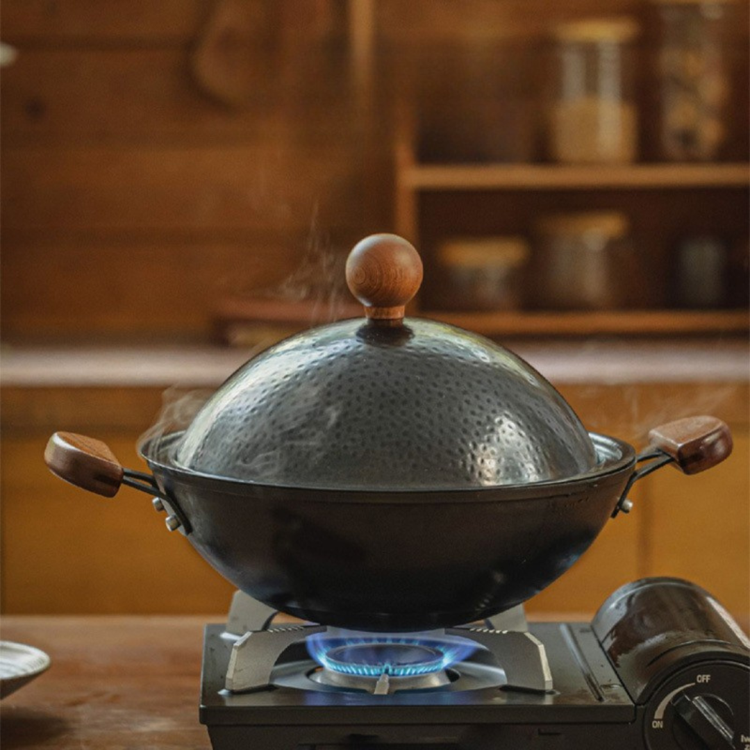 Double Handle Uncoated Iron Wok with Lid(32cm)