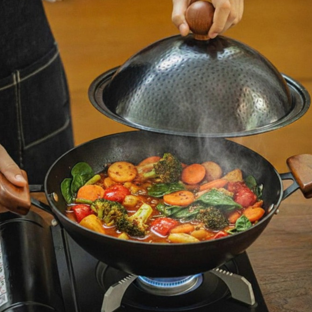 Double Handle Uncoated Iron Wok with Lid(32cm)