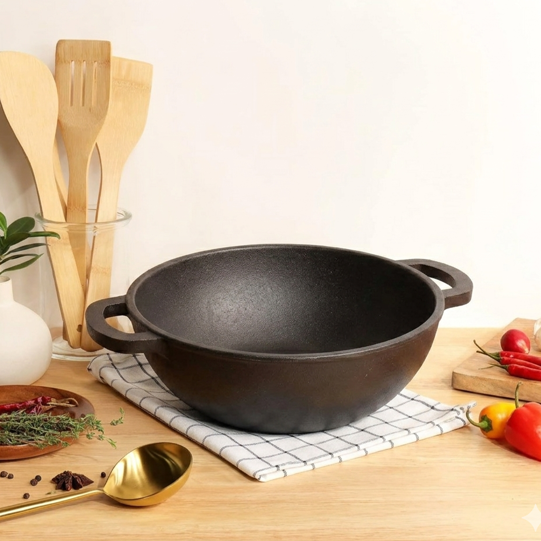 Classic Cast Iron Cooking Kadai with Silicone Grip(24cm)