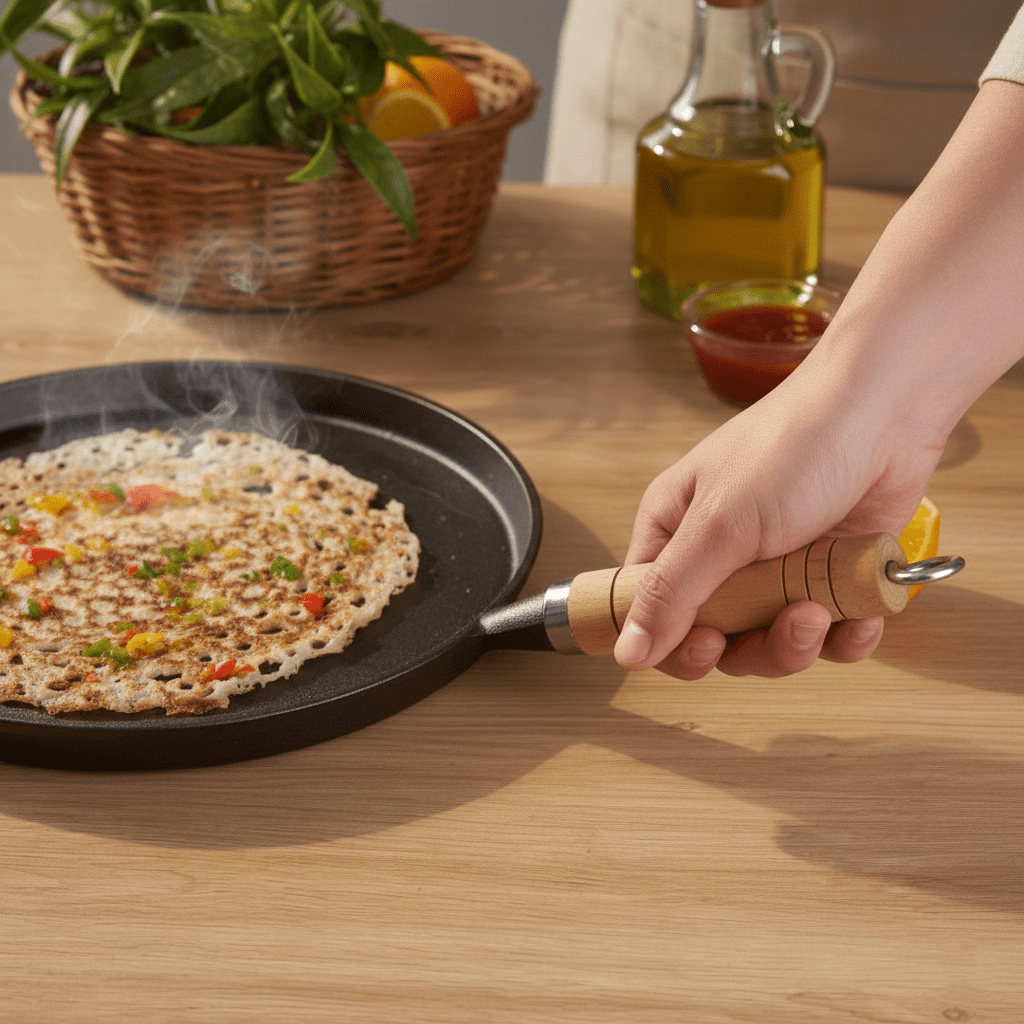 Cast Iron Non-Stick Tawa with Wooden Handle (23 cm)