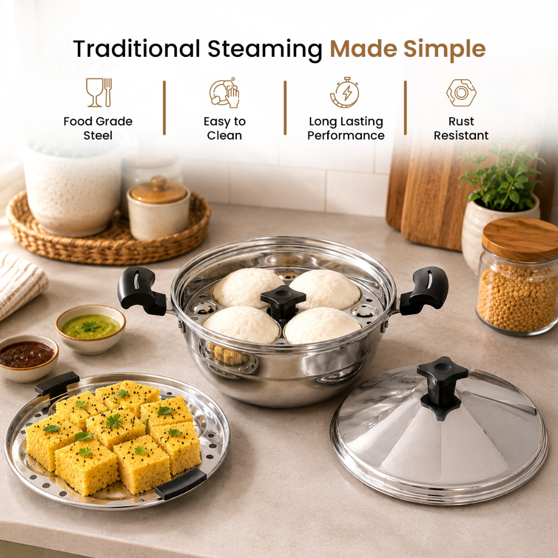5-Piece Stainless Steel Idli Maker and Steaming Kadai Set
