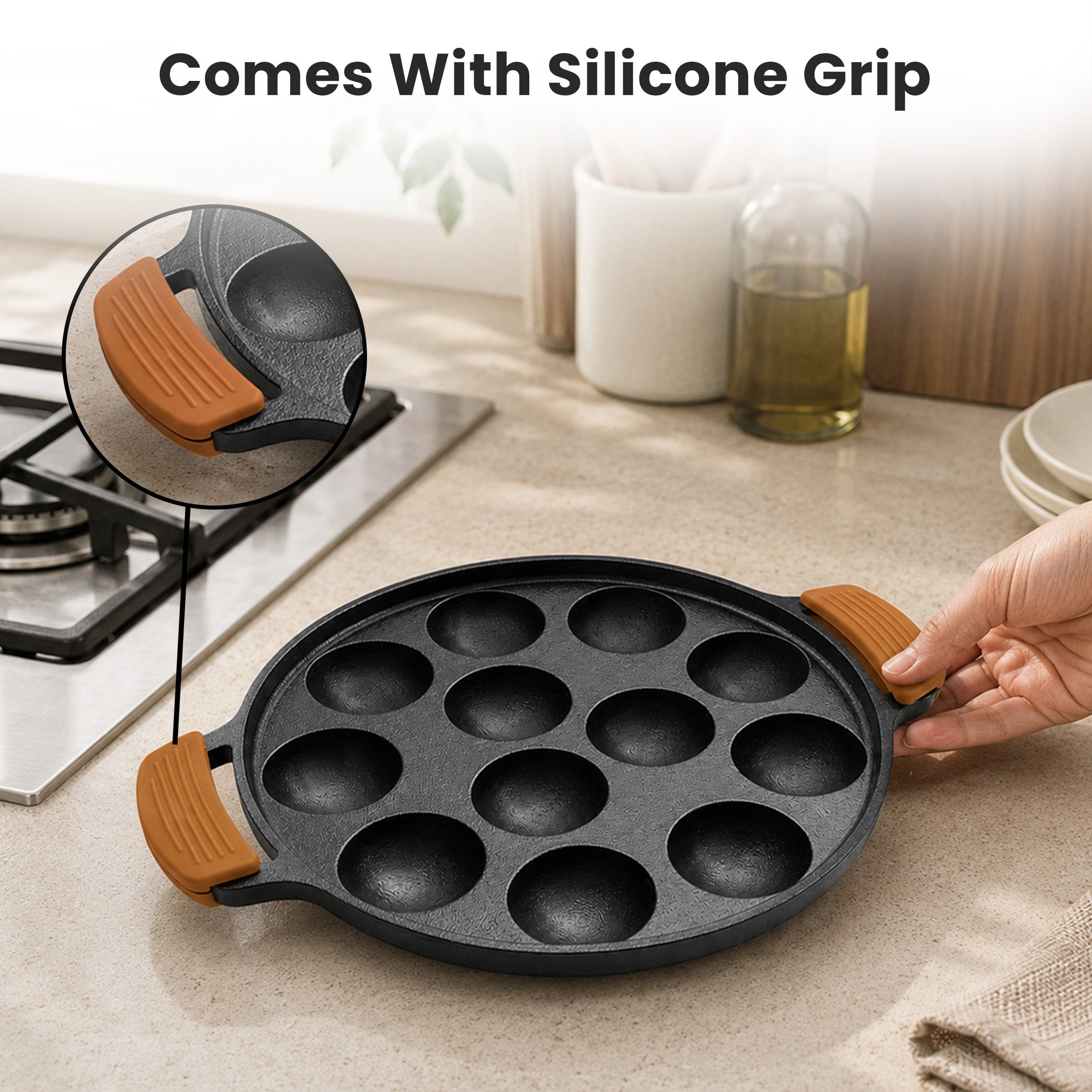 Cast Iron 12 Pit Appam Pan with Silicone Grip