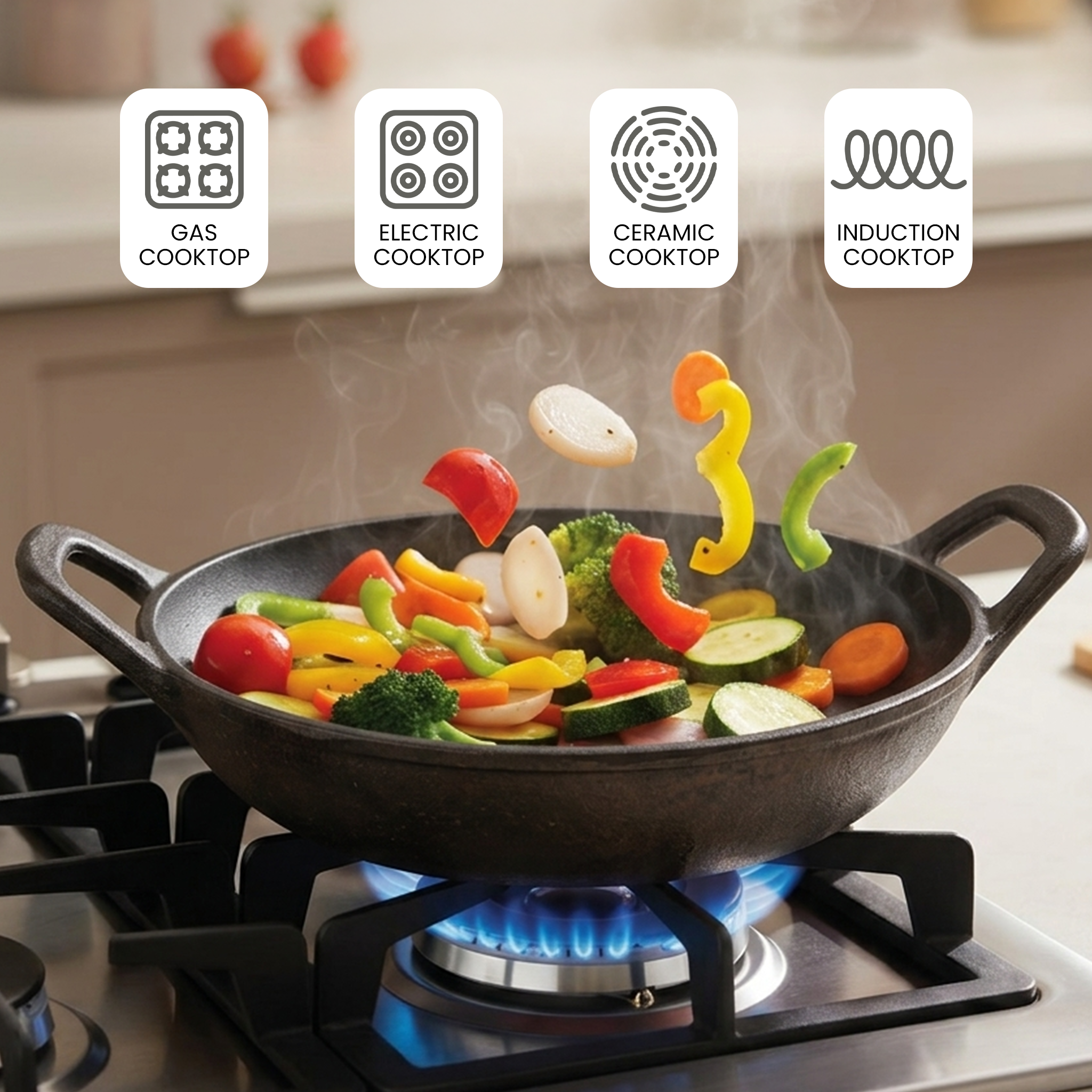 Classic Cast Iron Cooking Kadai with Silicone Grip(24cm)
