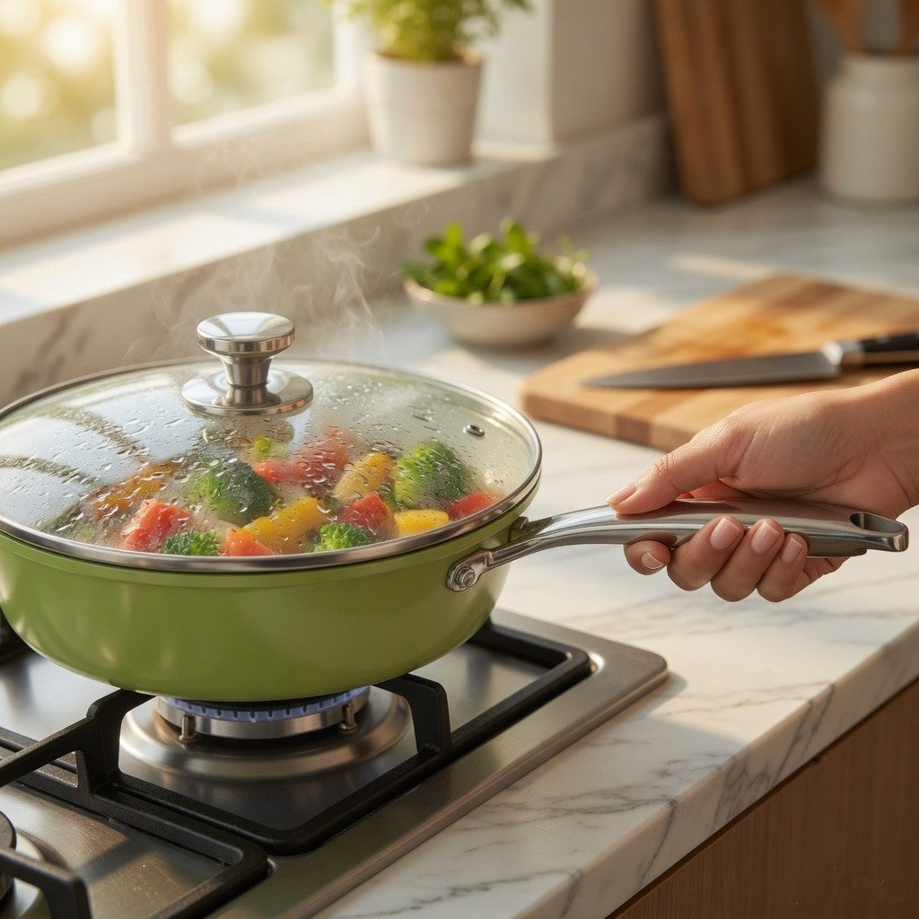 Green Ceramic Nonstick Wok with Glass Lid(30cm)