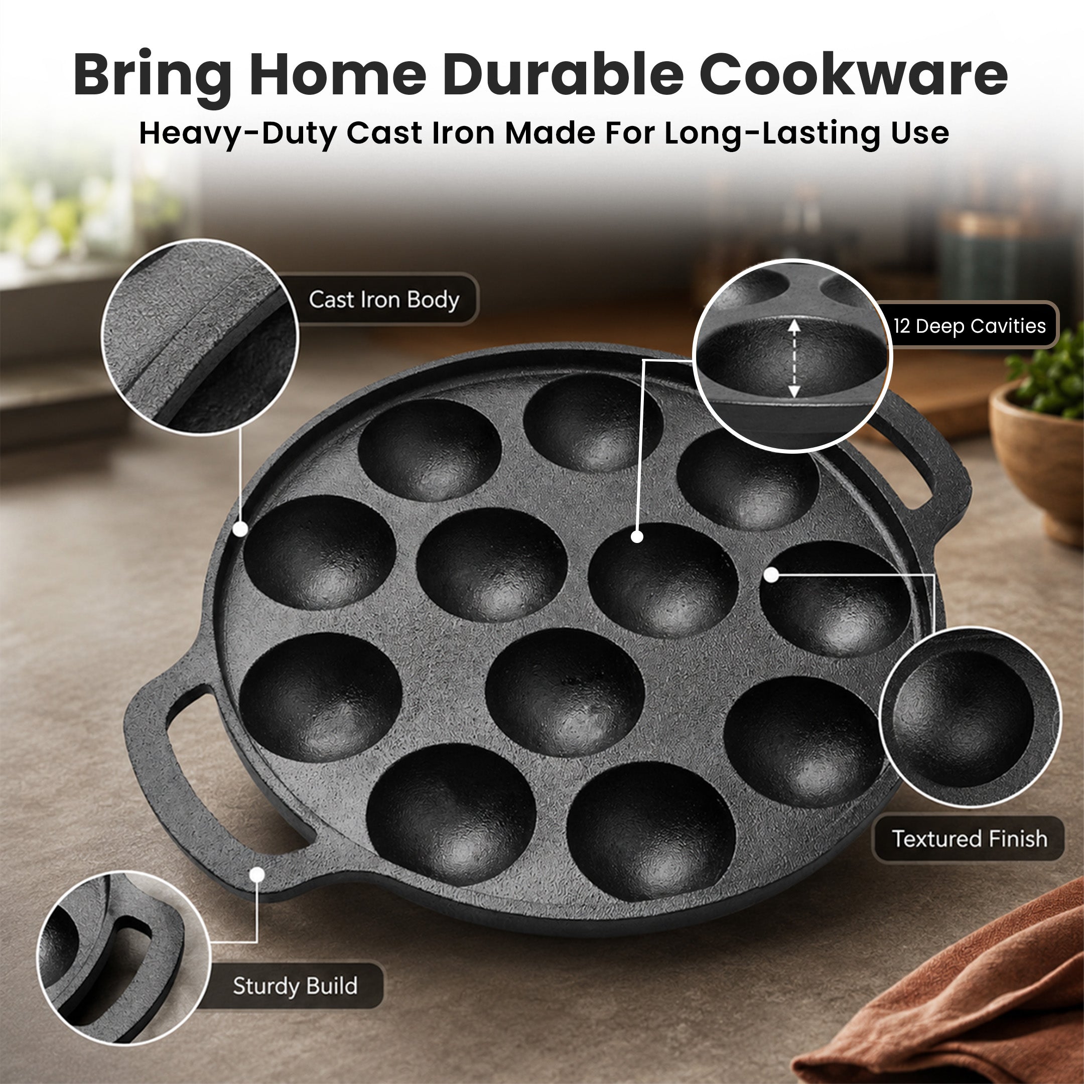 Cast Iron 12 Pit Appam Pan with Silicone Grip