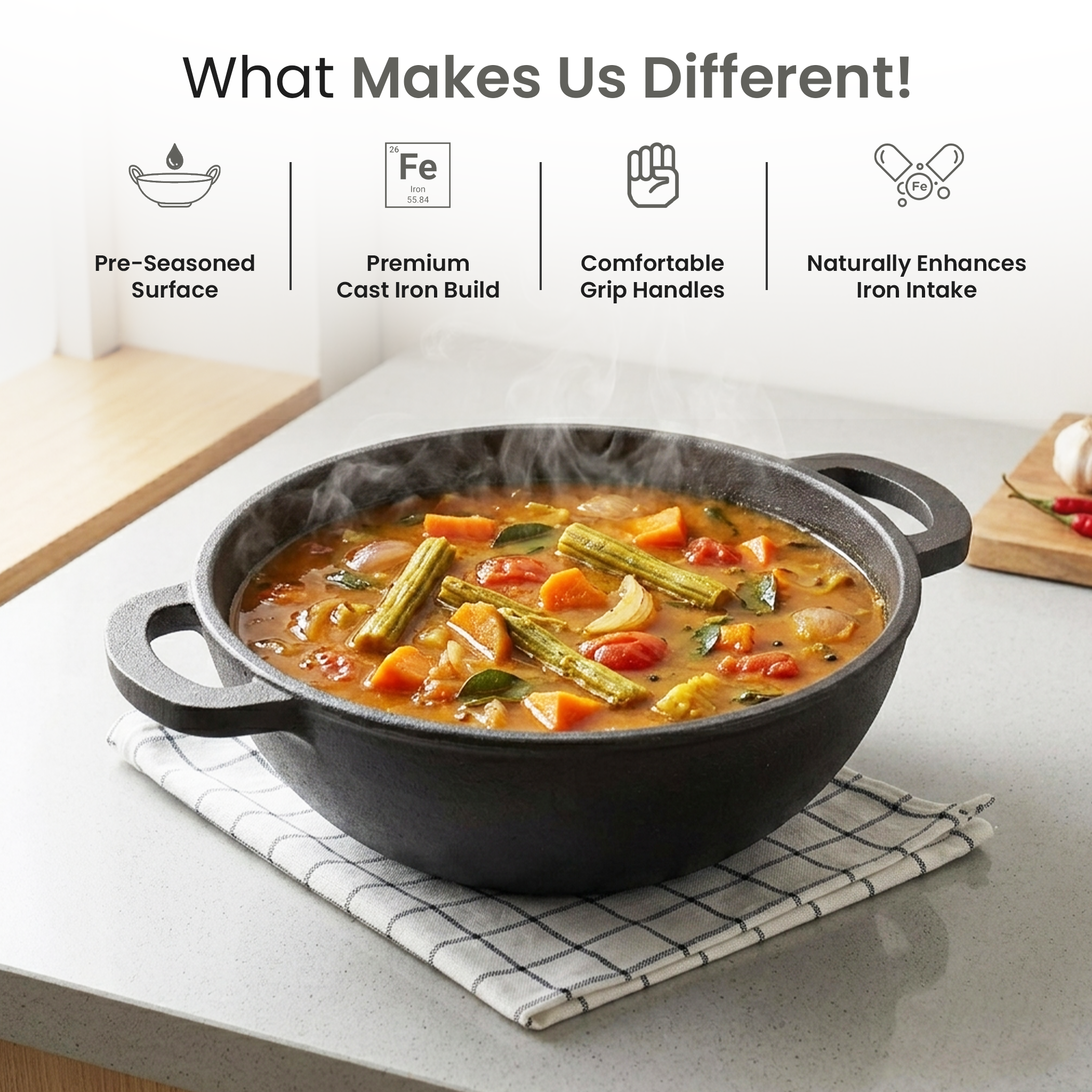 Classic Cast Iron Cooking Kadai with Silicone Grip(24cm)