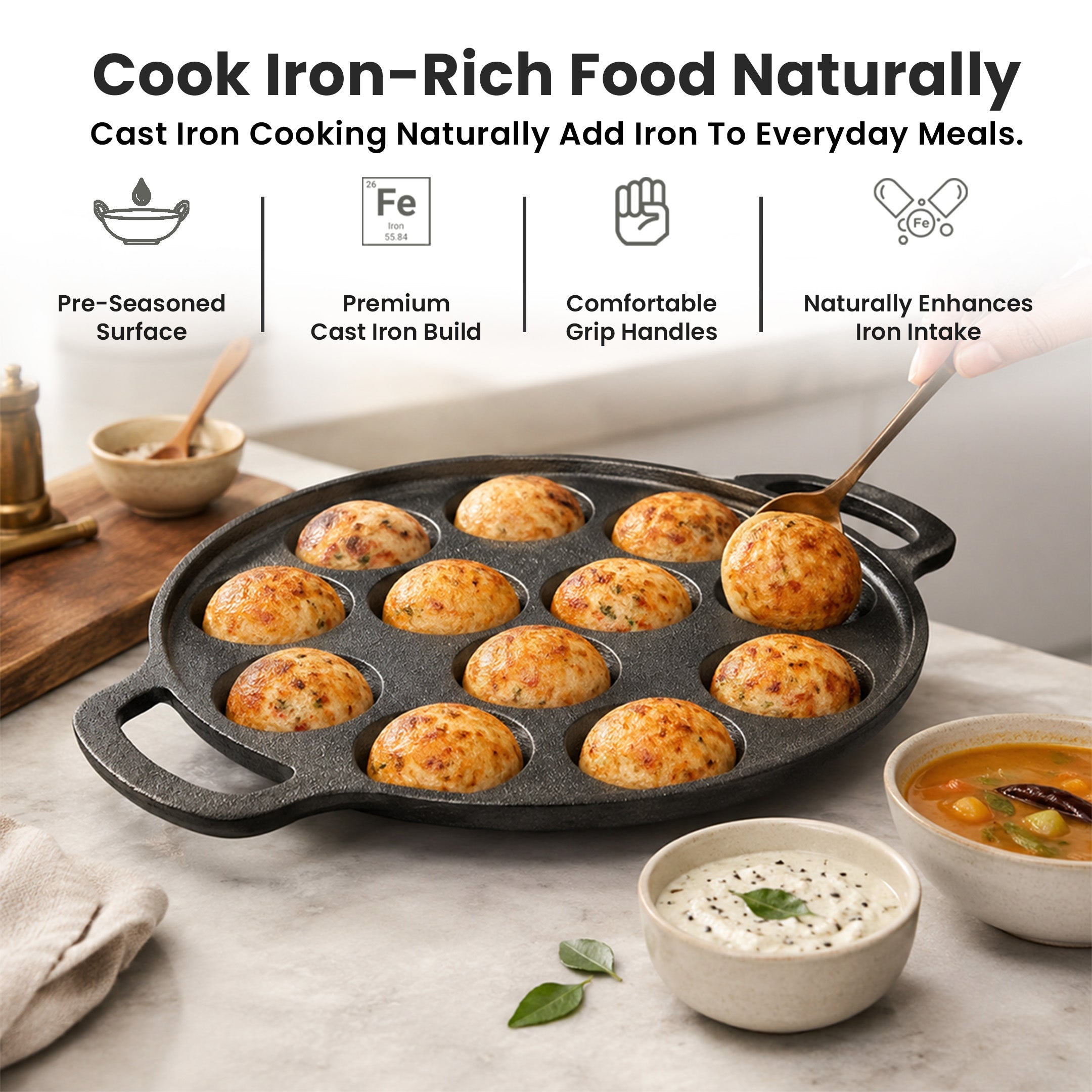 Cast Iron 12 Pit Appam Pan with Silicone Grip