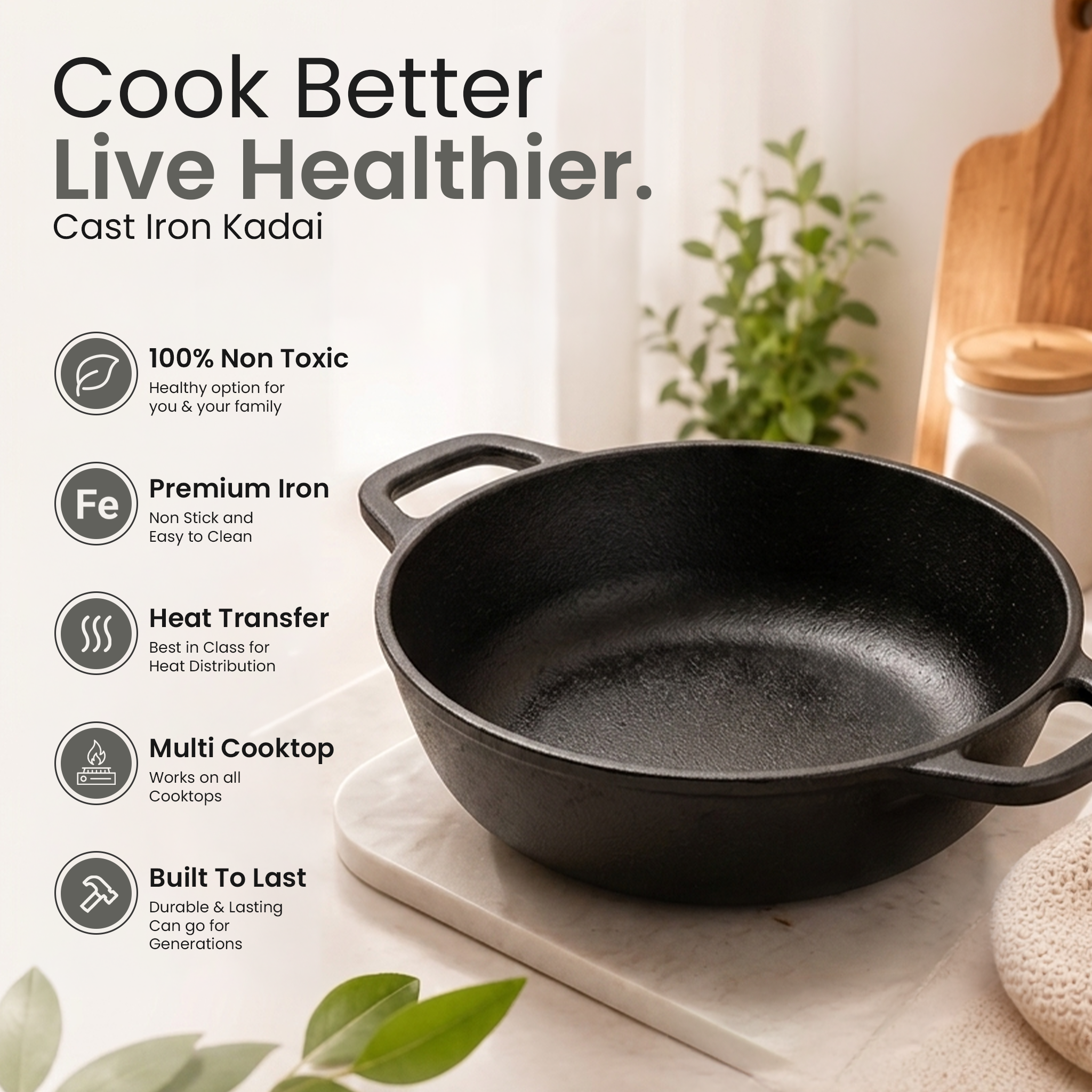 Classic Cast Iron Cooking Kadai with Silicone Grip(24cm)