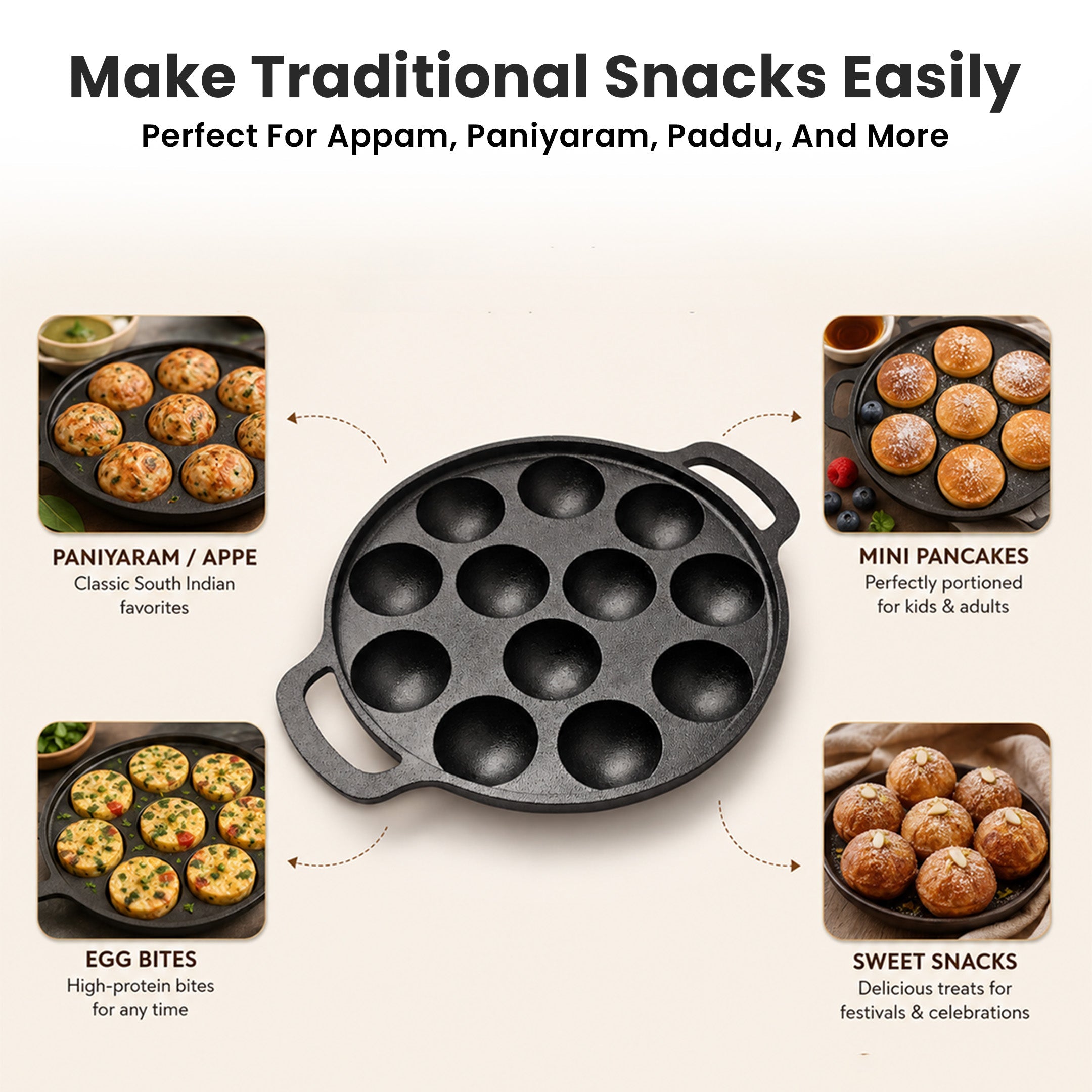 Cast Iron 12 Pit Appam Pan with Silicone Grip