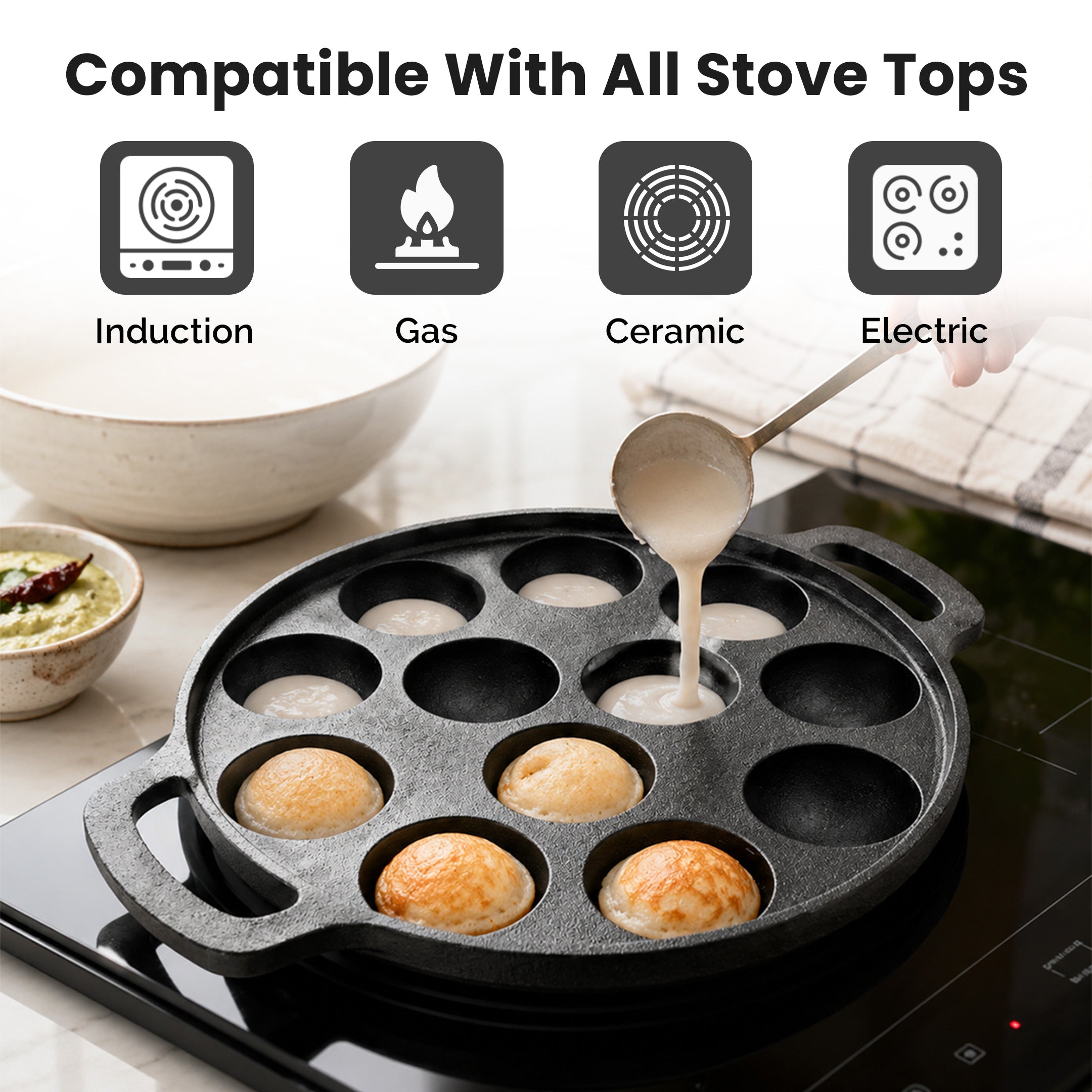 Cast Iron 12 Pit Appam Pan with Silicone Grip