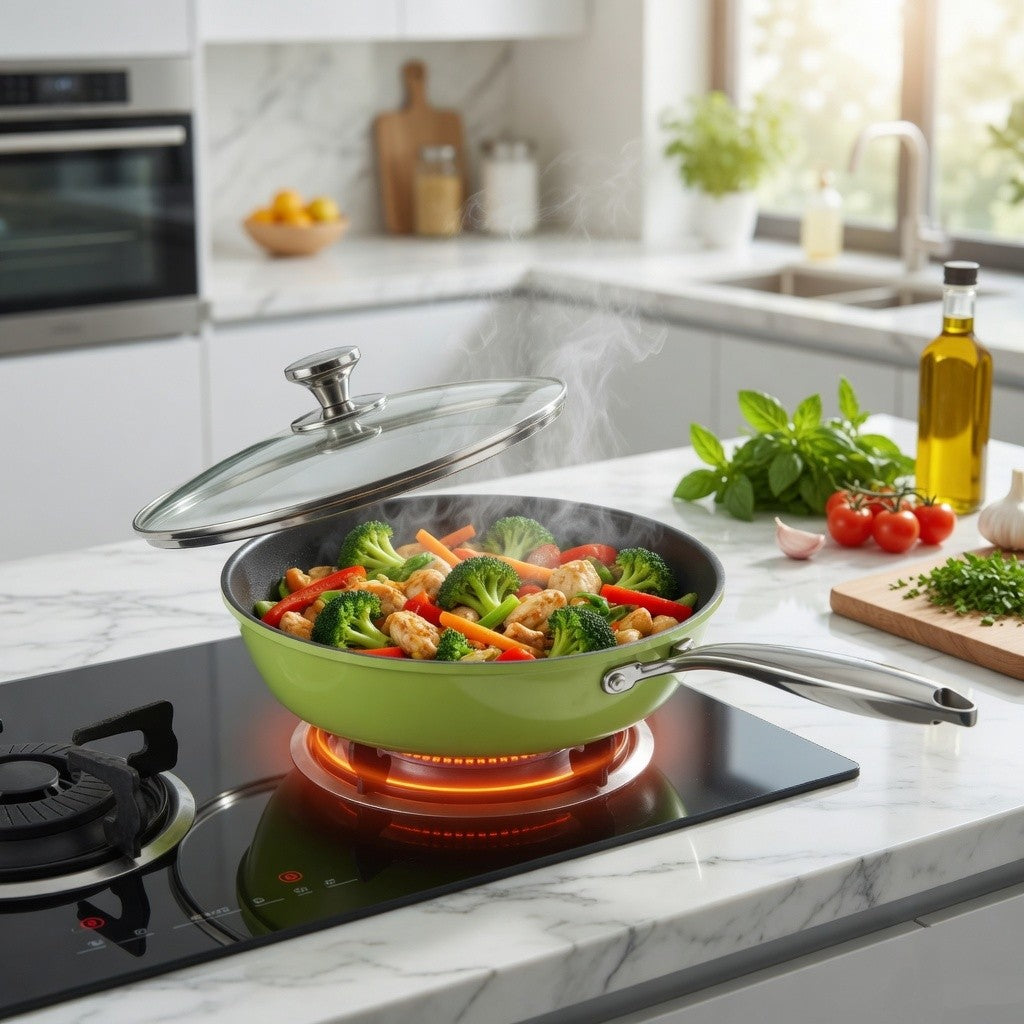 Green Ceramic Nonstick Wok with Glass Lid(30cm)